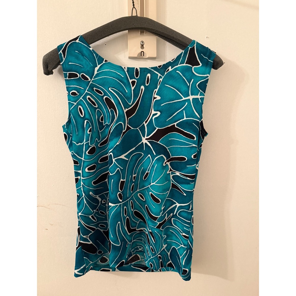 Chicos Additions Womens Teal Black Monstera Leaf Tropical Tank Top Size 0 S - Picture 3 of 3